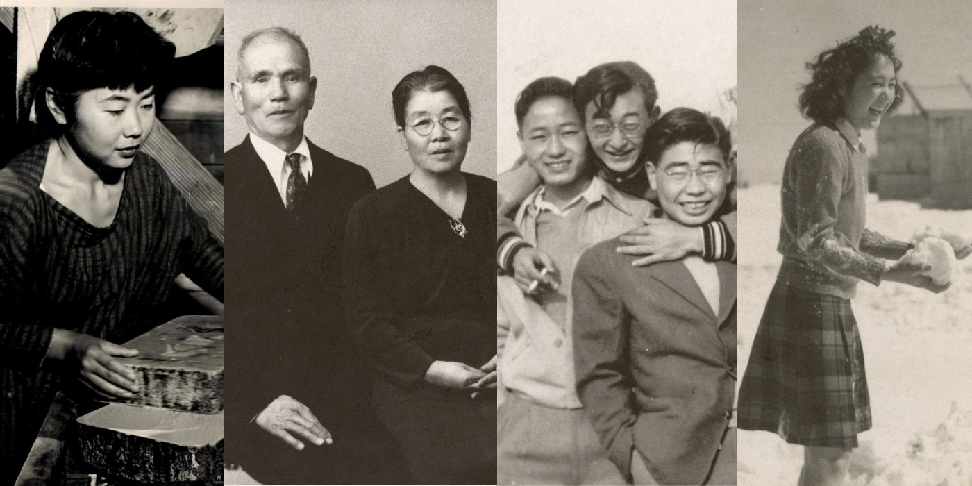 Collage of photos of Japanese Americans. Right to left: a woman working in an art studio, an elderly couple posing for a portrait, three young men standing with their arms wrapped around each other, a young woman holding a snowball.