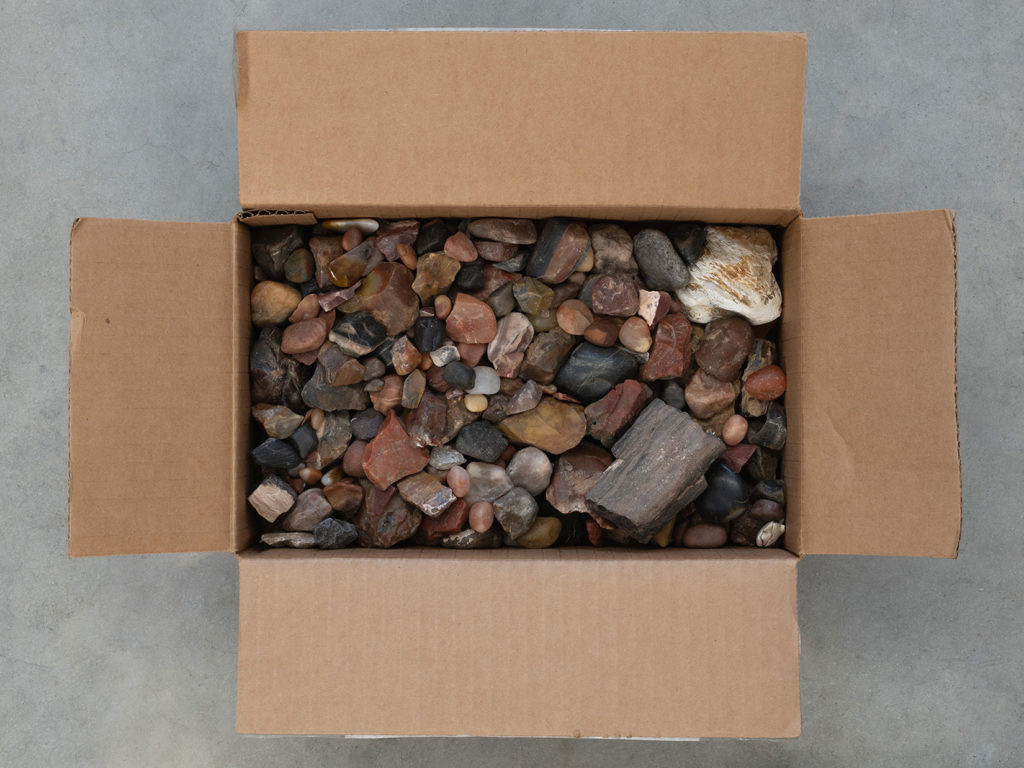 The rocks collected by Alison Moritsugu's grandfather during WWII in a cardboard box.