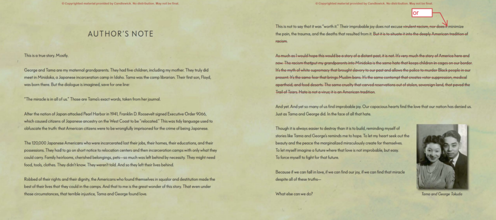 Screen shot of Scholastic's proposed edits to Tokuda-Hall's author's note. All references to racism, as well as a paragraph comparing Japanese American incarceration to contemporary injustices like the Muslim Ban, immigrant detention and police murders of Black people, are crossed out in red.