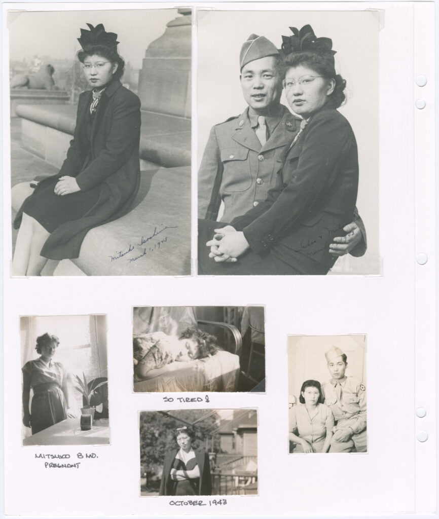 Page from a photo album with two photos of Mitsuko and Takeo Isoshima together, and four photos of Mitsuko, including one where she is 8 months pregnant with their first child.