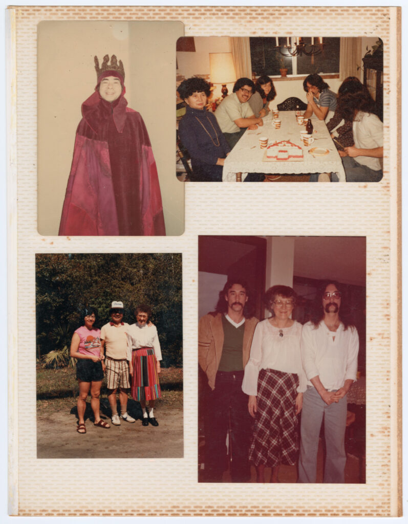 Photo album page from the Fukuyama Family. Four photos depict a man wearing a costume, the family seated around a table, and various members of the family posing together.