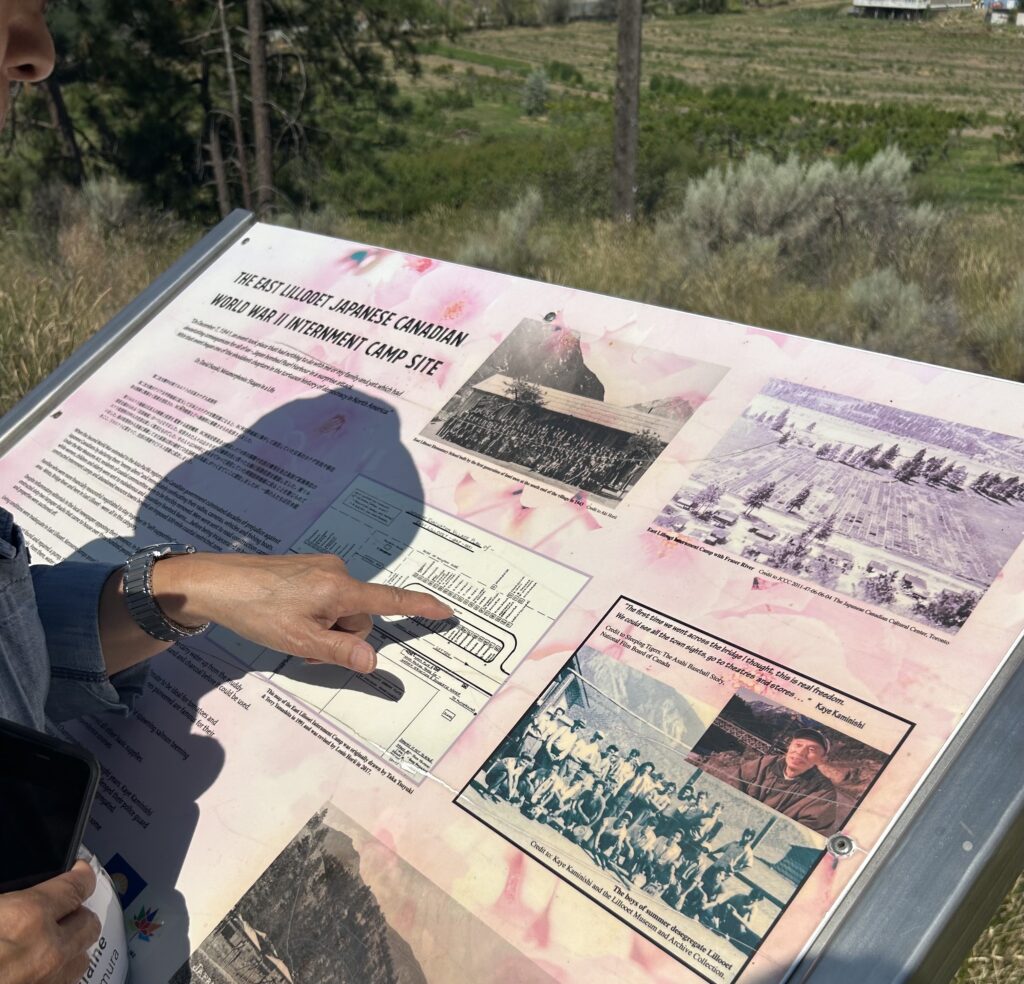 A bus tour member points to where her family's home once stood in East Lillooet, a "self-supporting" Japanese Canadian internment camp built in the hot and arid lowlands along the Fraser River.