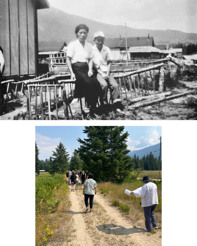 Historic photo of Tsusano and Jack Baba seated on a garden fence at Lemon Creek, the second largest of the Japanese Canadian internment camps. Contemporary photo of a bus tour participant walking on what was once a railway that ran along the perimeter of the camp.