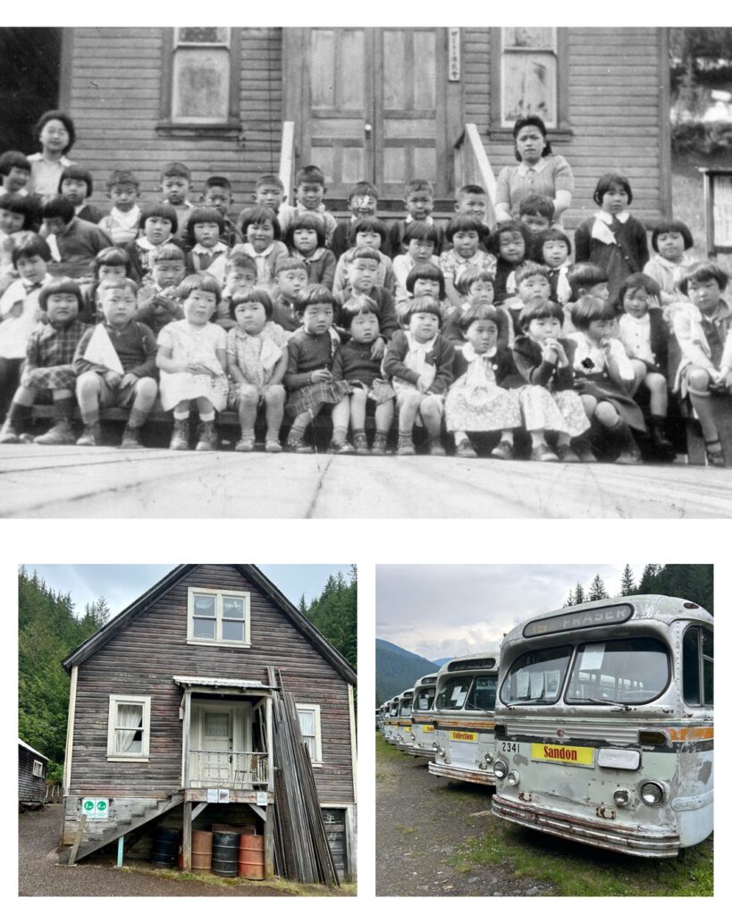 Historic photo of Japanese Canadian children posing in front of a building in Sandon, British Columbia. Two contemporary photos show a building in present-day Sandon and a row of salvaged Vancouver trolley buses now being stored in the town.