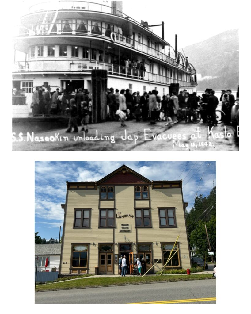 Historic photo of a steamer docked at a pier on Kootenay Lake with Japanese Canadian men, women and children walking off at Kaslo. Contemporary photo of bus tour participants outside the present-day Langham Cultural Centre and museum.