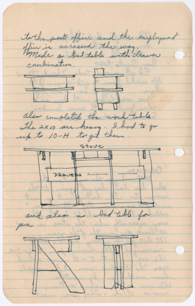 A page from Kaneji Domoto's diary with sketches of furniture designs he made in camp, including a bedside table for his father.