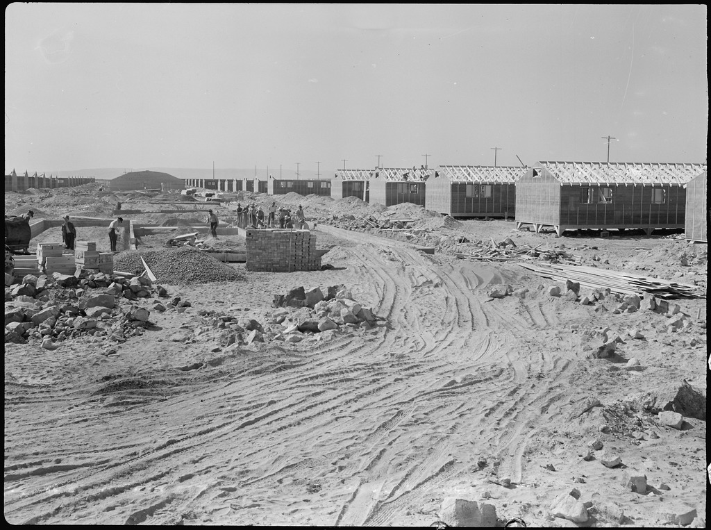 Barracks at Minidoka concentration camp under construction in 1942