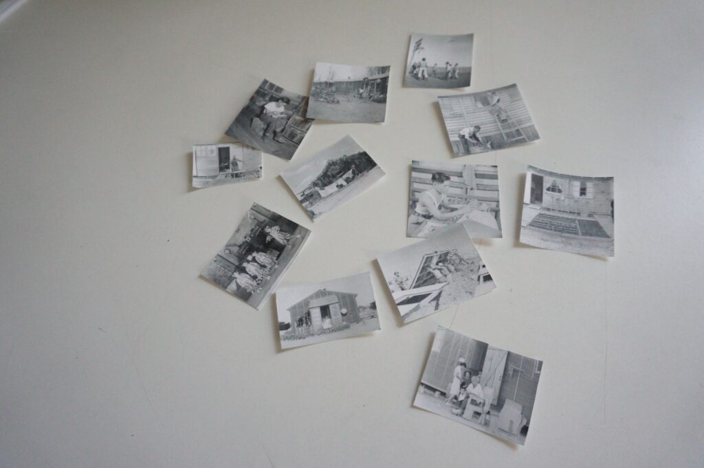 Print outs of archival photos used by Matthew Okazaki in his artwork.