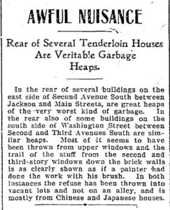 News article describing living conditions in the Tenderloin neighborhood of Seattle in 1901. Headline reads "Awful Nuisance. Rear of Several Tenderloin Houses Are Veritable Garbage Heaps." The article goes on to describe several buildings on the east side of Second Avenue South between Jackson and Main Streets with "great heaps of the very worst kind of garbage" and attributes it to "Chinese and Japanese houses."