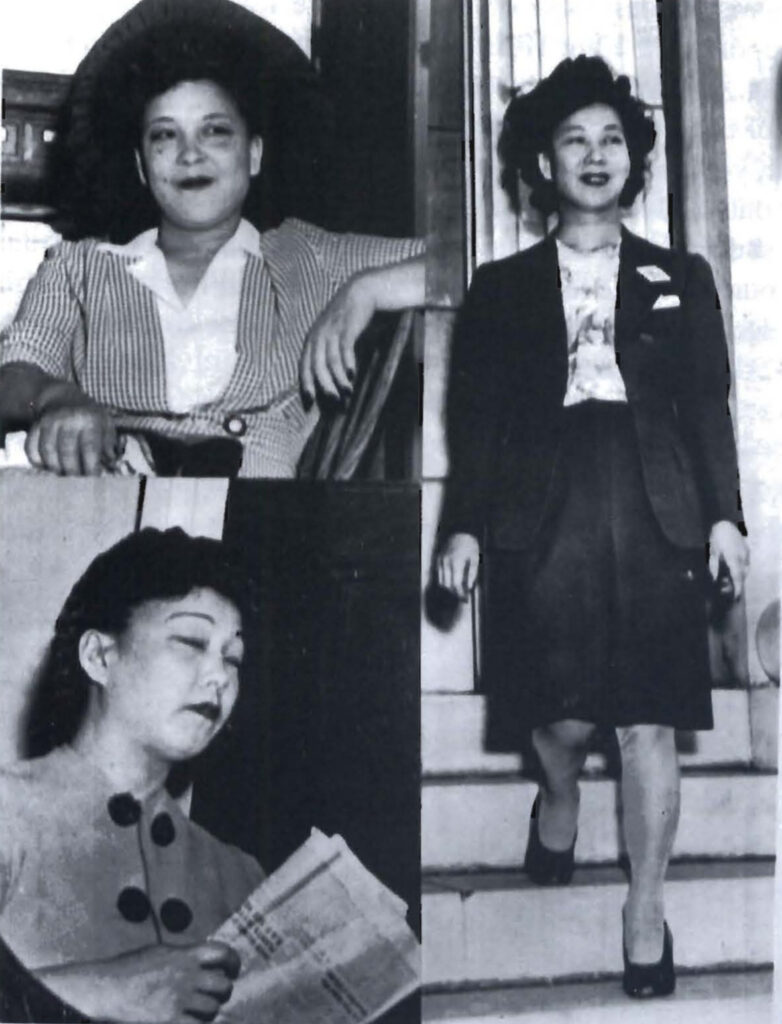 Three photos of the Shitara sisters. Flo Otani is seated resting her arm on the back of a chair, Billie Tanigoshi is pictured outside the courthouse, and Toots Wallace is reading a newspaper.