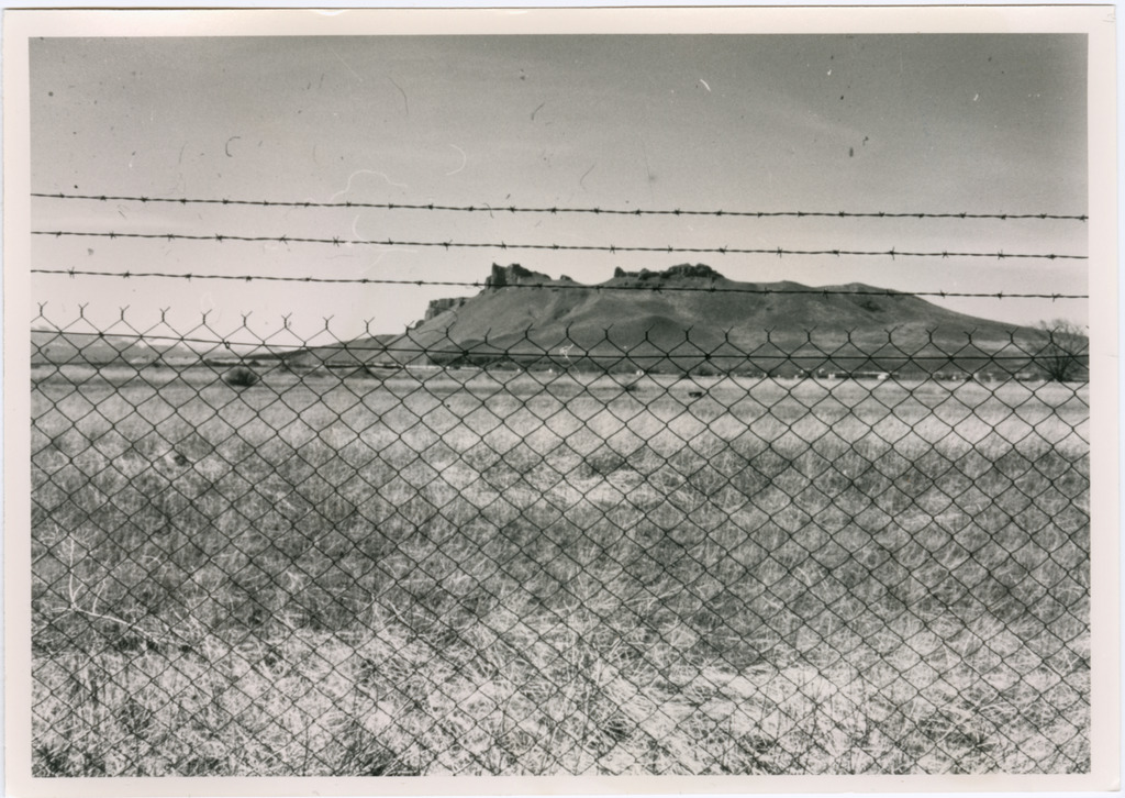 A barbed wire fence at the site of the Tule Lake concentration camp, photographed circa 1983.