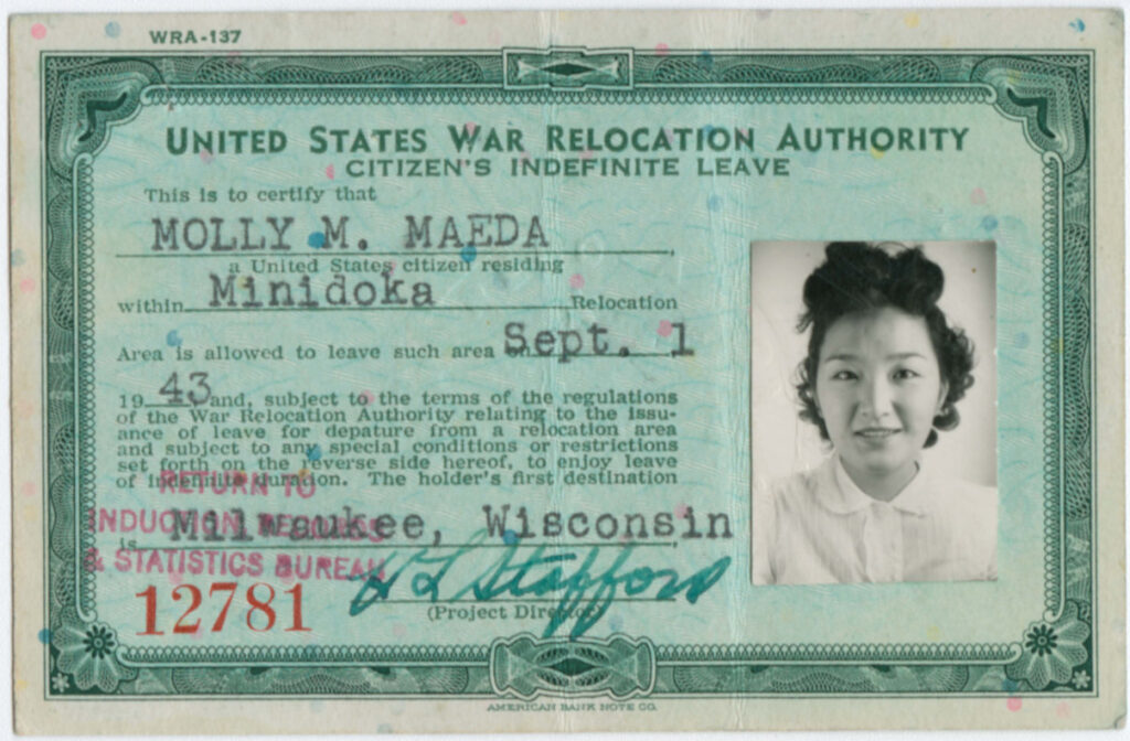 A document issued by the War Relocation Authority to a Japanese American granting her permission to leave Minidoka concentration camp and travel to Milwaukee, Wisconsin.