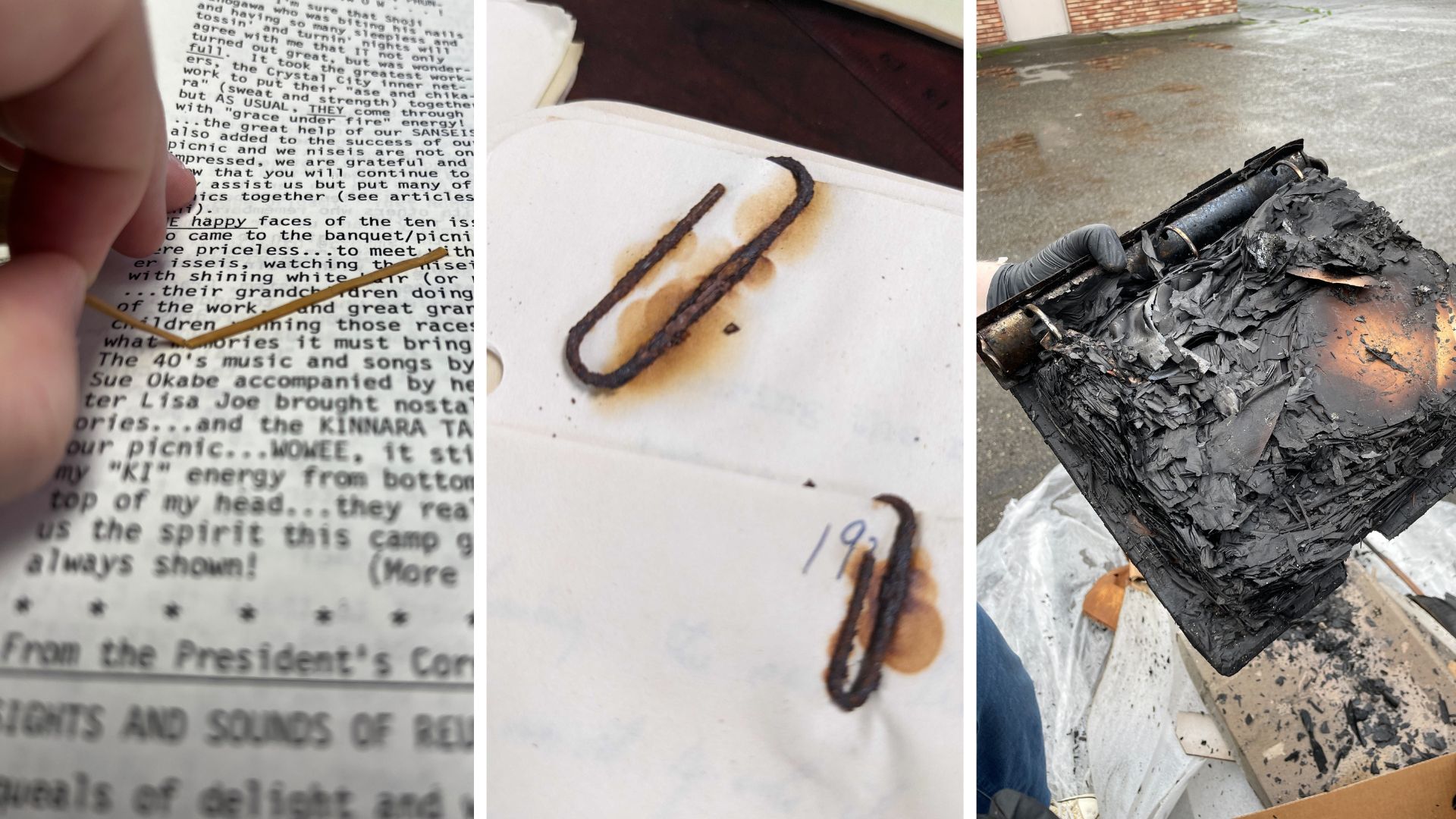 Three side by side images of Archive Horror Stories encountered by Densho archivists. They show a rubber band fused to a newsletter, rusty paperclips holding an archival document together, and a binder burnt beyond recognition.