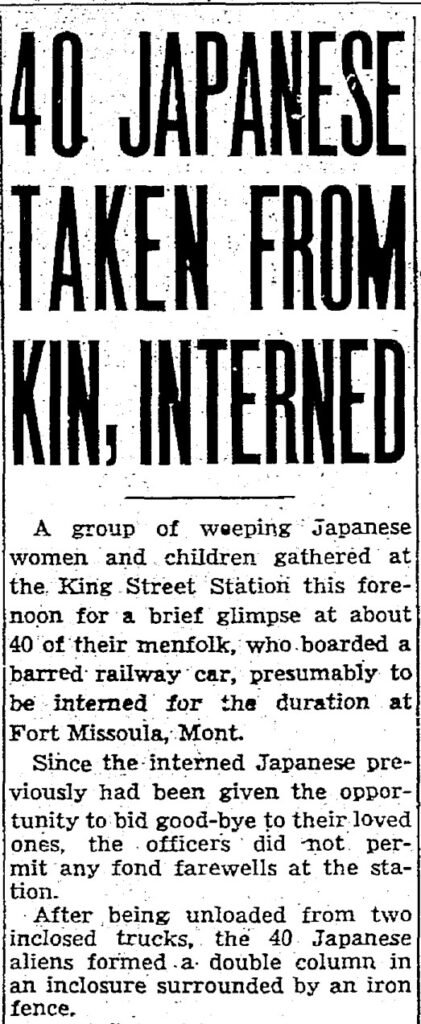 News article with headline "Forty Japanese Taken from Kin, Interned."