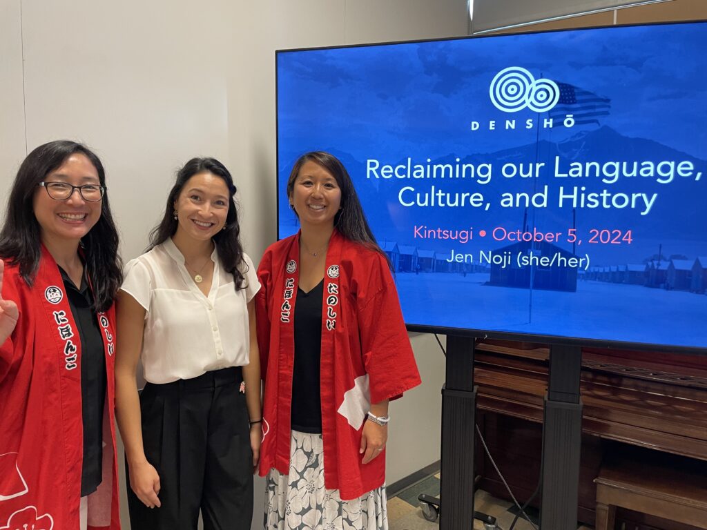 Jennifer Noji with two members of the Japanese Bilingual Bicultural Program at their Kintsugi presentation.