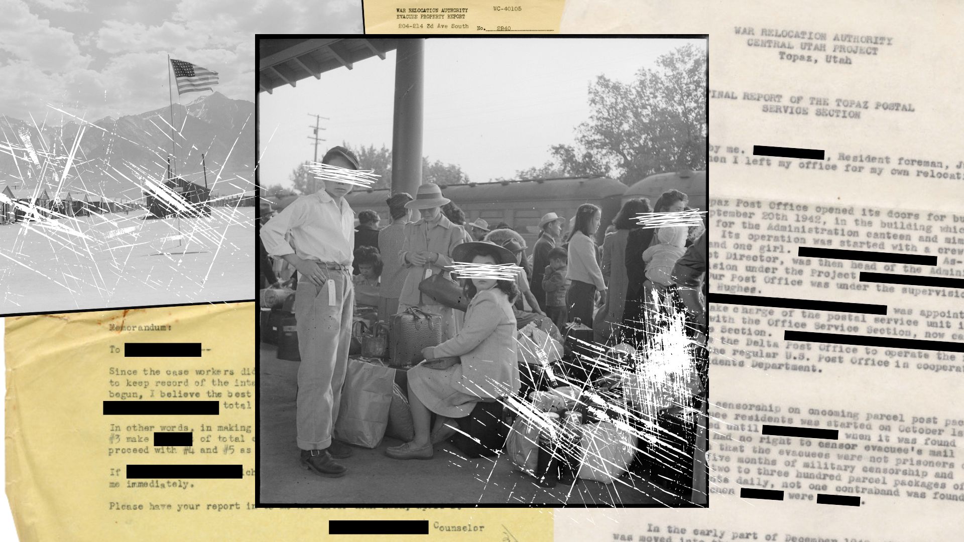 Collage of photos of Japanese American incarceration with white scratches erasing parts of each image, and censored documents