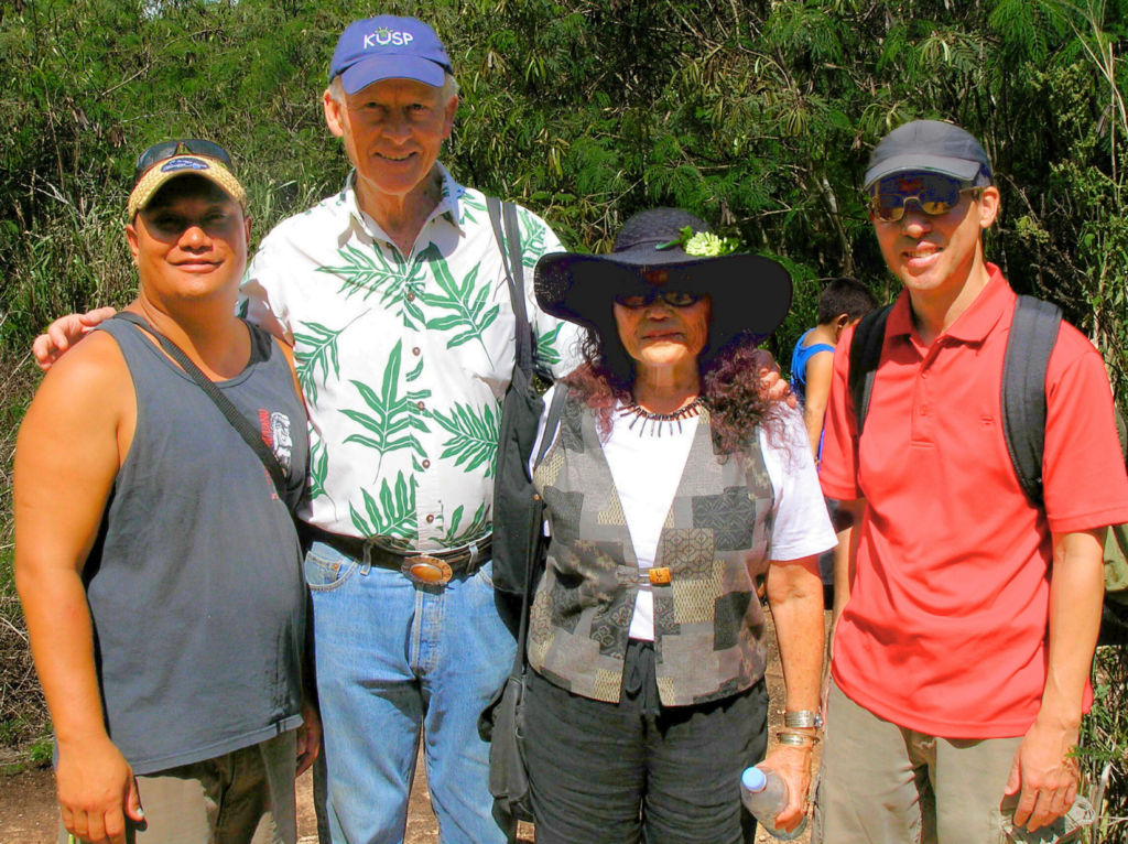 Jeanne Wakatsuki Houston on a 2006 visit to the Honouliuli detention camp site. Right to left: Brian Niiya, Houston, James D. Houston, unidentified.