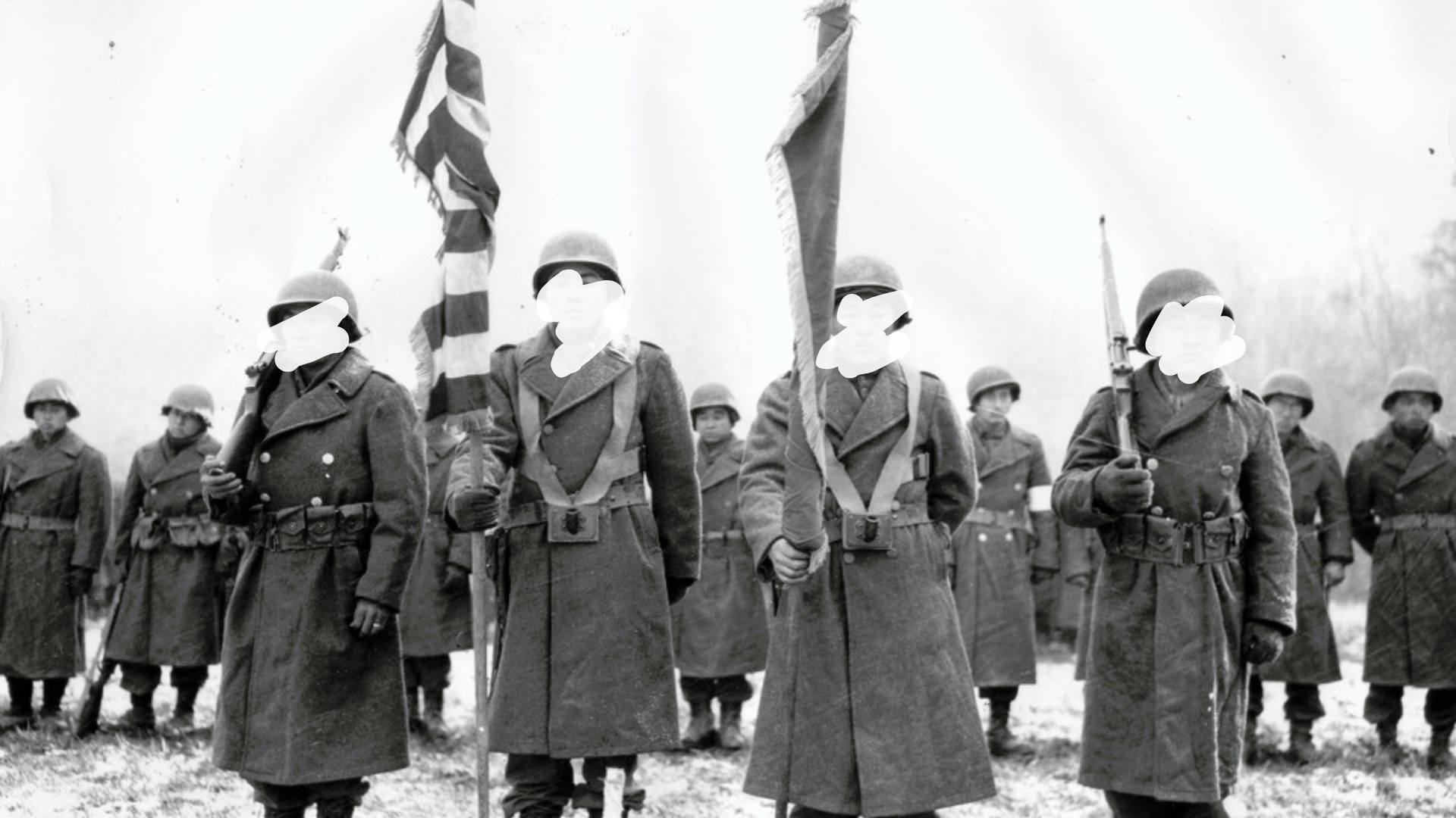 Photo of Japanese American soldiers who served in the 442nd Regimental Combat Team during World War Two, edited so that their faces appear to have been erased.