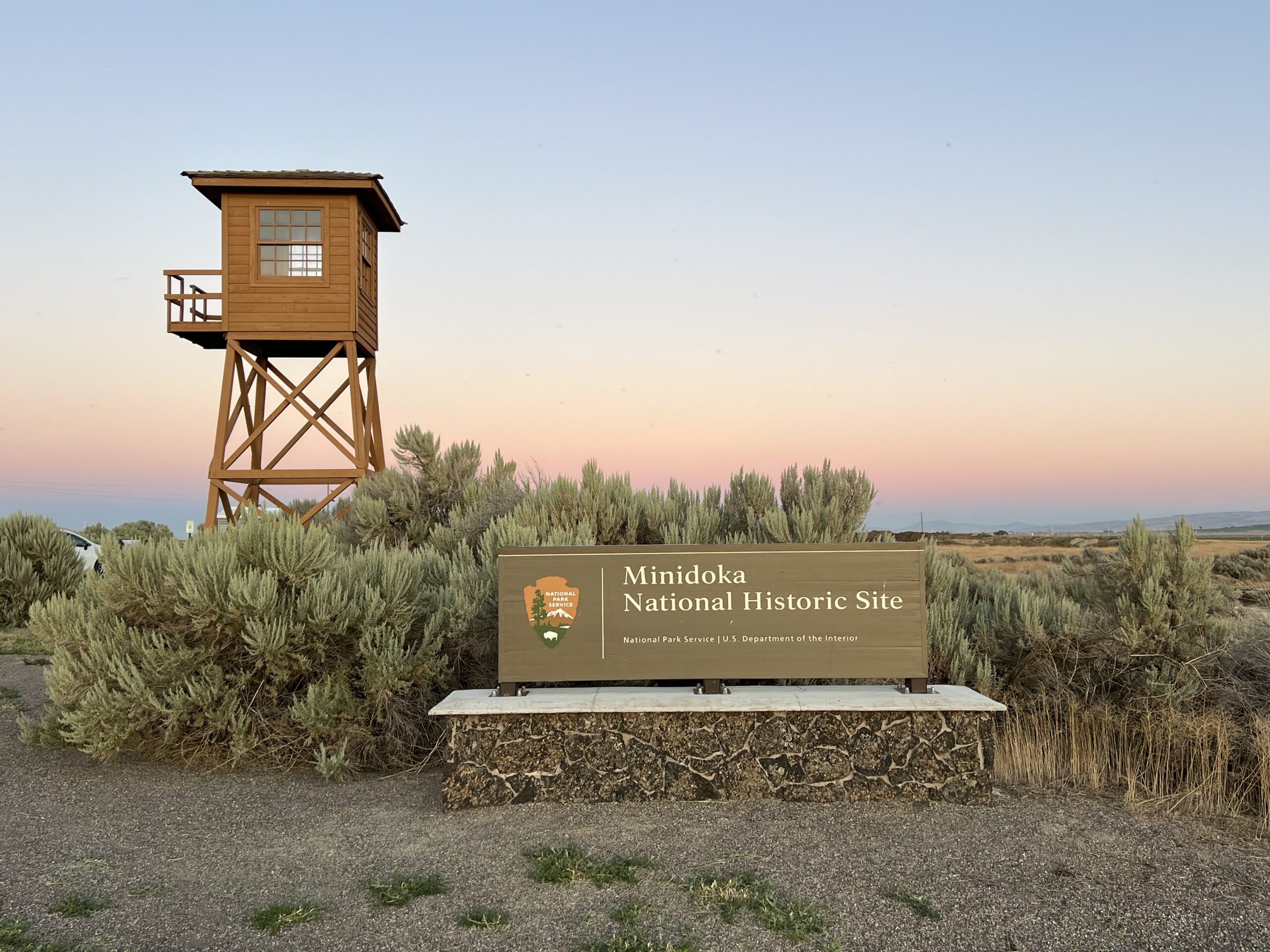 A replica of a guard tower stands at the entrance to the Minidoka National Historic Site.