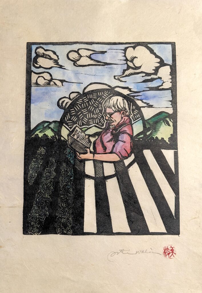 Portrait of Art Hansen created by Patricia Wakida for the cover of A Nikkei Harvest: Reviewing the Japanese American Historical Experience and Its Legacy (2024) 