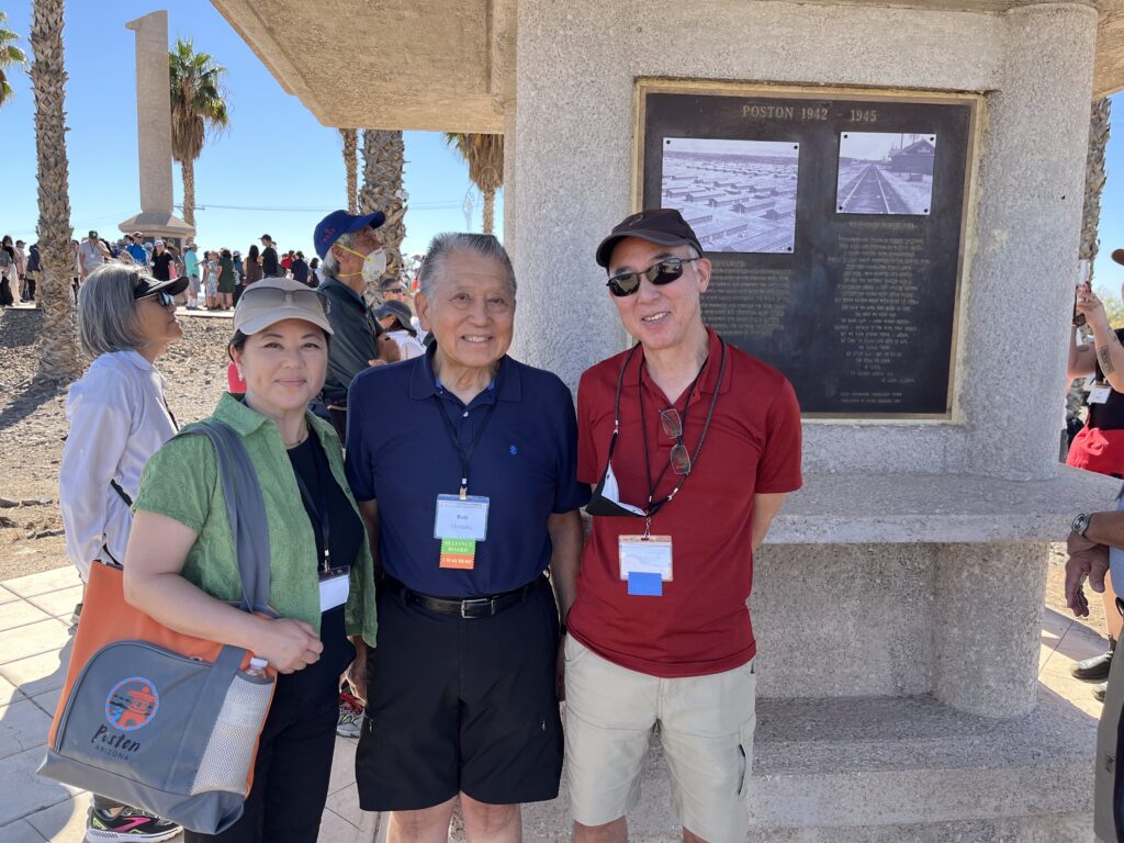 Brian Niiya (right), with Bob Shintaku (former Poston incarceree, middle) and Jana Katsuyama (left). 