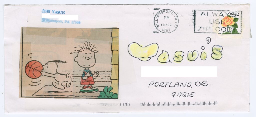 Correspondence to Homer and Miki (Yabe) Yasui from Phyllis Yasui featuring a cut-out cartoon from the Peanuts comic (November 8, 1997).