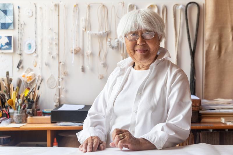 Portrait of Kay Sekimachi at the art studio.