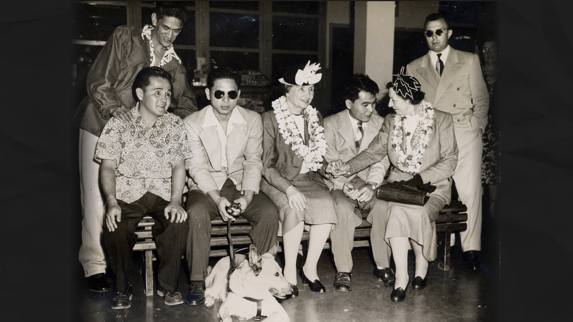 Helen Keller and Polly Thomson meeting blind 442nd Regimental Combat Team and 100th Infantry Battalion veterans. Dennis M. Ogawa Nippu Jiji Photograph Collection.