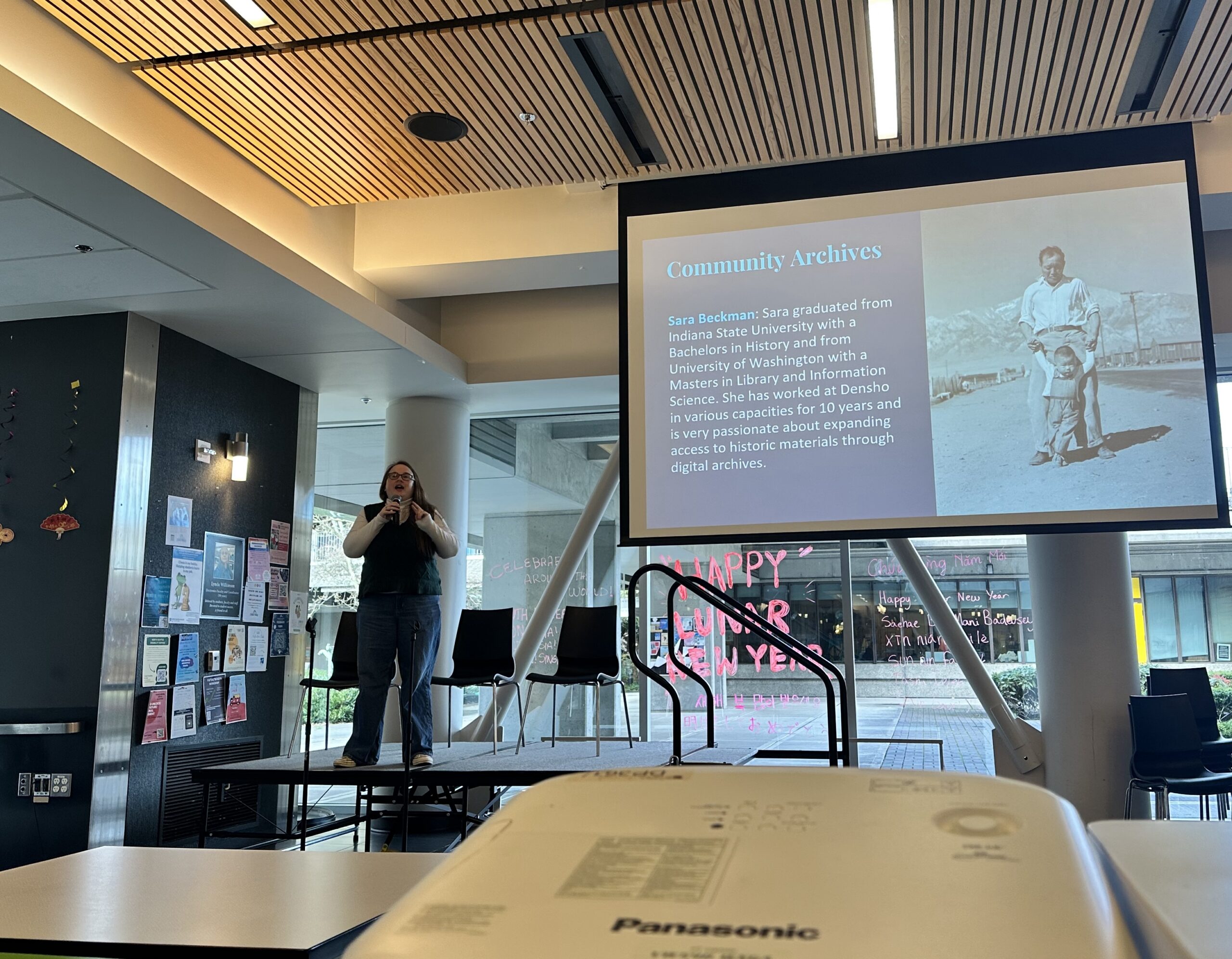 Sara Beckman speaking at the North Seattle College Day of Remembrance program. February 19, 2026.
