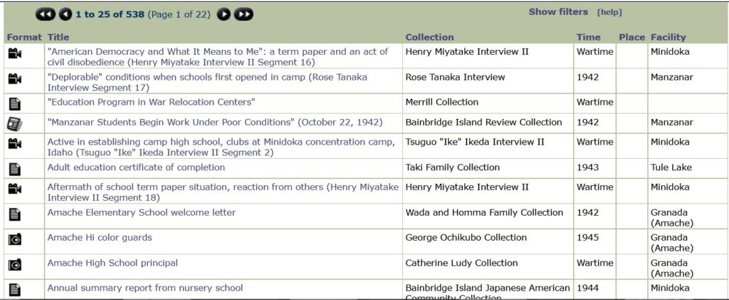 Densho Digital Archive results page, Internet Archive Wayback Machine, March 16, 2016.