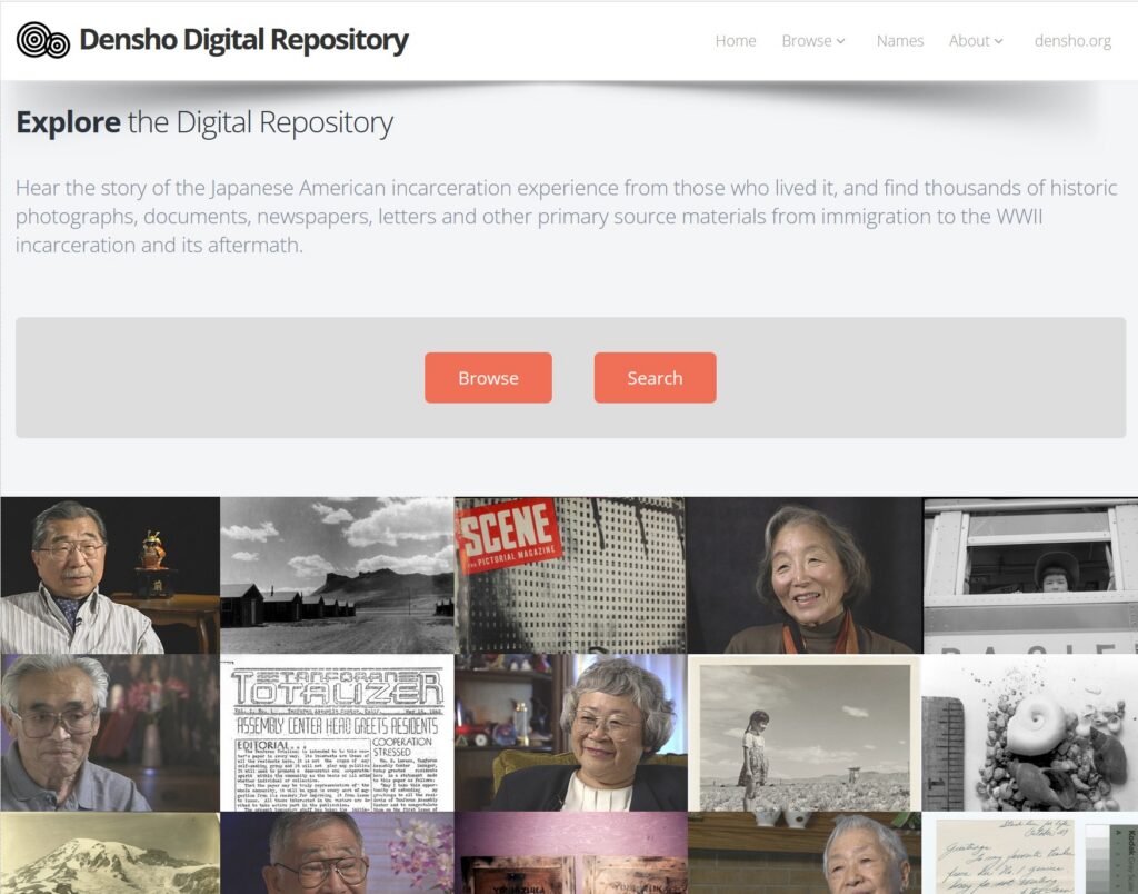Densho Digital Repository home page. Screenshot, Feb 2026.