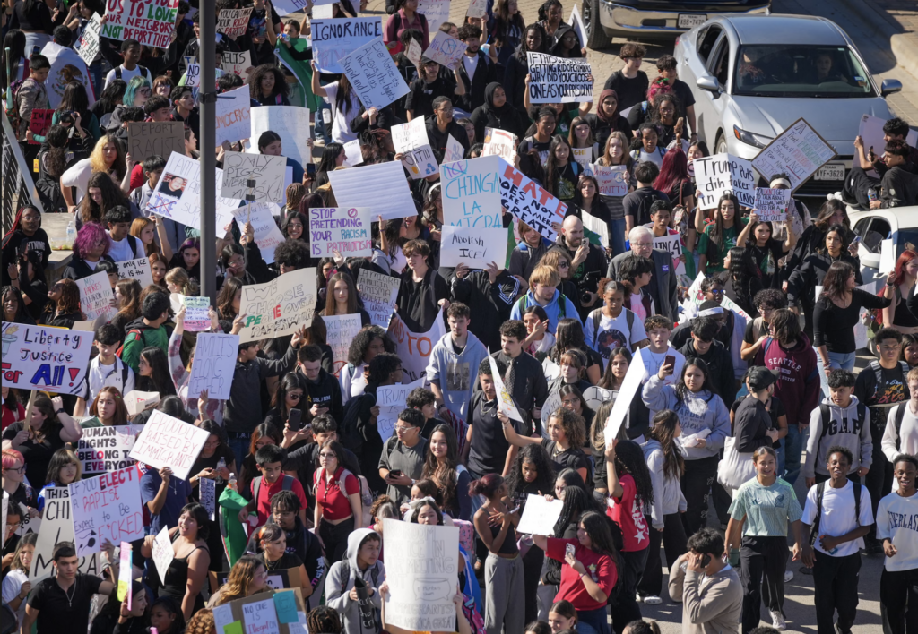 Hutto high school students march against ICE near city hall, in Hutto, Texas, on 5 February. Photograph: Jay Janner/Austin American-Statesman via AP