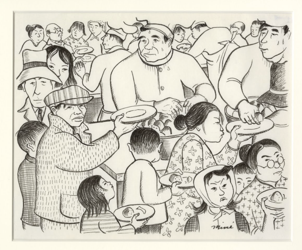 Miné Okubo, Inside the mess hall at Tanforan Assembly Center, San Bruno, California, 1942. Ink on paper. Japanese American National Museum (Gift of Mine Okubo Estate, 2007.62.40). Source: JANM eMuseum