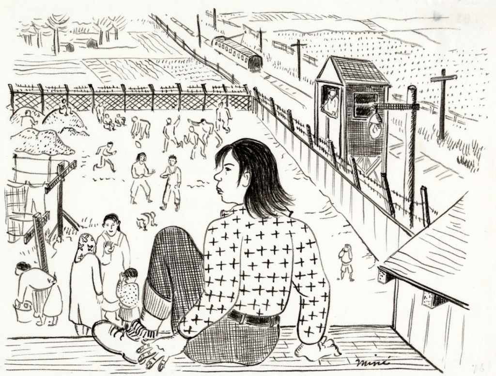 Miné Okubo, Observing camp activities from a rooftop, Tanforan Assembly Center, San Bruno, California, 1942. Ink on paper. Japanese American National Museum (Gift of Mine Okubo Estate, 2007.62.82). Source: Google Arts & Culture / JANM
