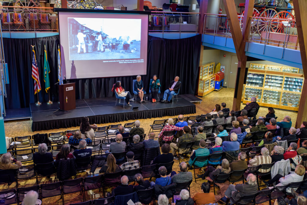 Caitlin Oiye Coon speaking alongside other program panelists at the Yakima Valley Museum’s Day of Remembrance event, sponsored by the Blaine and Preciosa Tamaki Foundation Day. February 19, 2026.