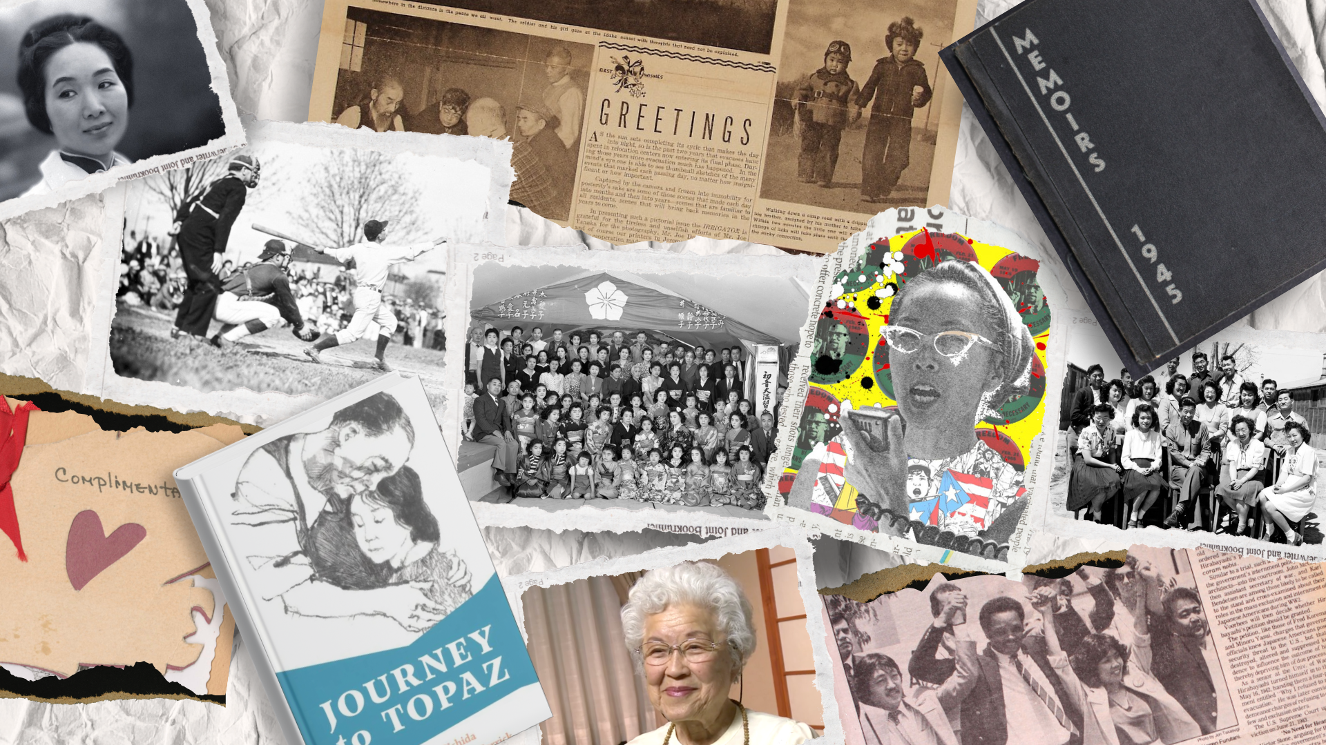 Collage of materials from the Densho Digital Repository (Group photograph of a New Year Grand Recital; Baseball game; Minidoka Irrigator newspaper; Aiko Herzig-Yoshinaga; Minidoka High School Yearbook; Valentine Dance Invitation; Journey To Topaz book cover; Pacific Citizen newspaper), and photos from “5 Bad Ass Japanese American Women Activists You Probably Didn’t Learn About in History Class”