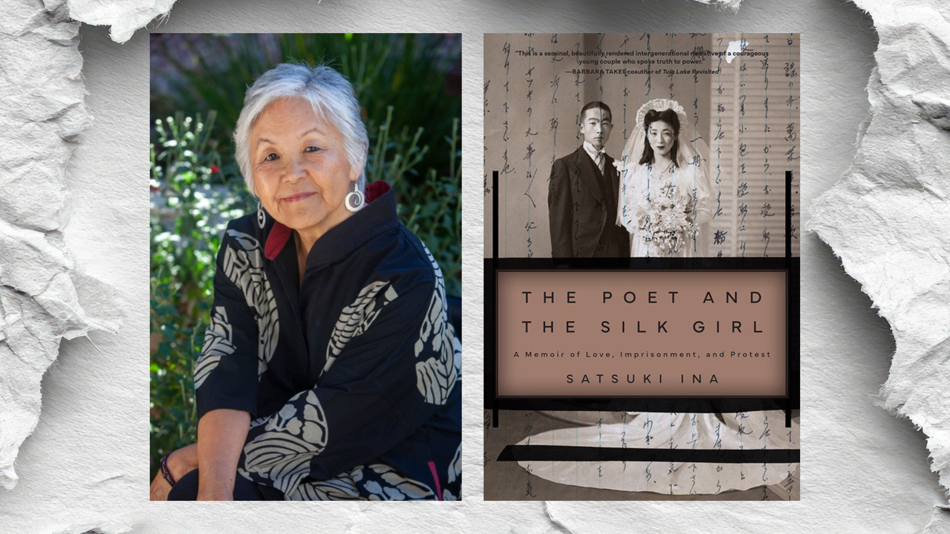 Satsuki Ina headshot next to book cover of Satsuki Ina's book The Poet And The Silk Girl