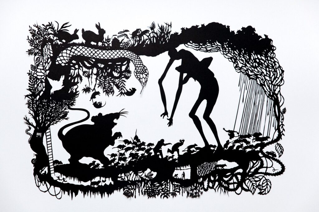 Image of artwork, a black cut out design on white background. The design shows animals, like rabbits, a snake, birds, mice, rats, and plants frame two human figures and one large rat figure.