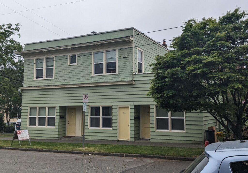 Photo of a green building taken from across the street on a cloudy day