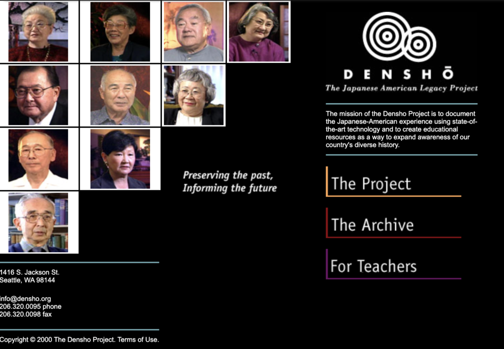 Screenshot of an early version of the website, densho.org. The website is black with small squares showing faces of Japanese Americans who were all interviewed for oral histories.